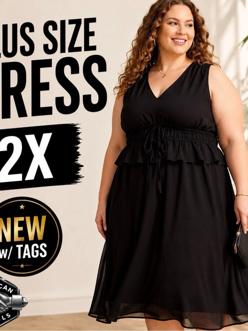 Womens Plus Size Black Midi Dress 2X Sleeveless Peplum NWT